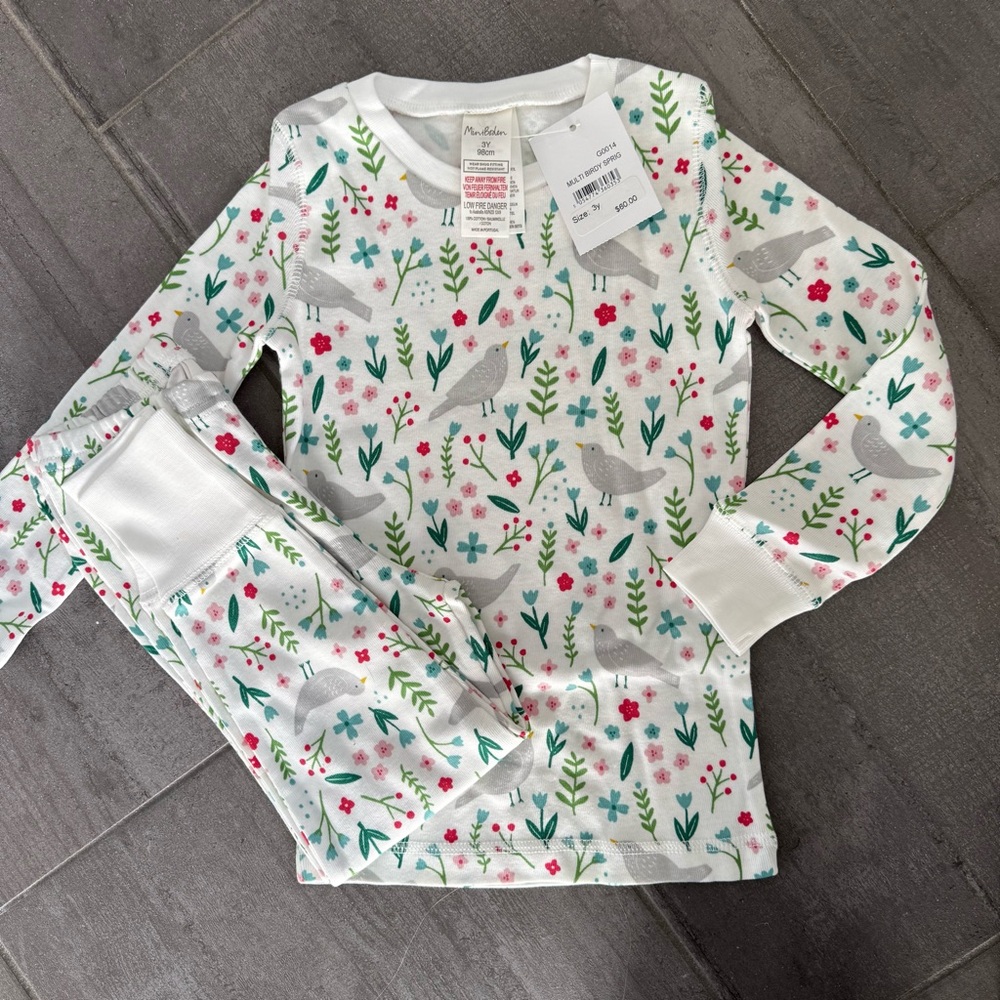 Mini Boden long John’s Pajama Set 2 3  Floral Bird holiday Christmas 100% cotton